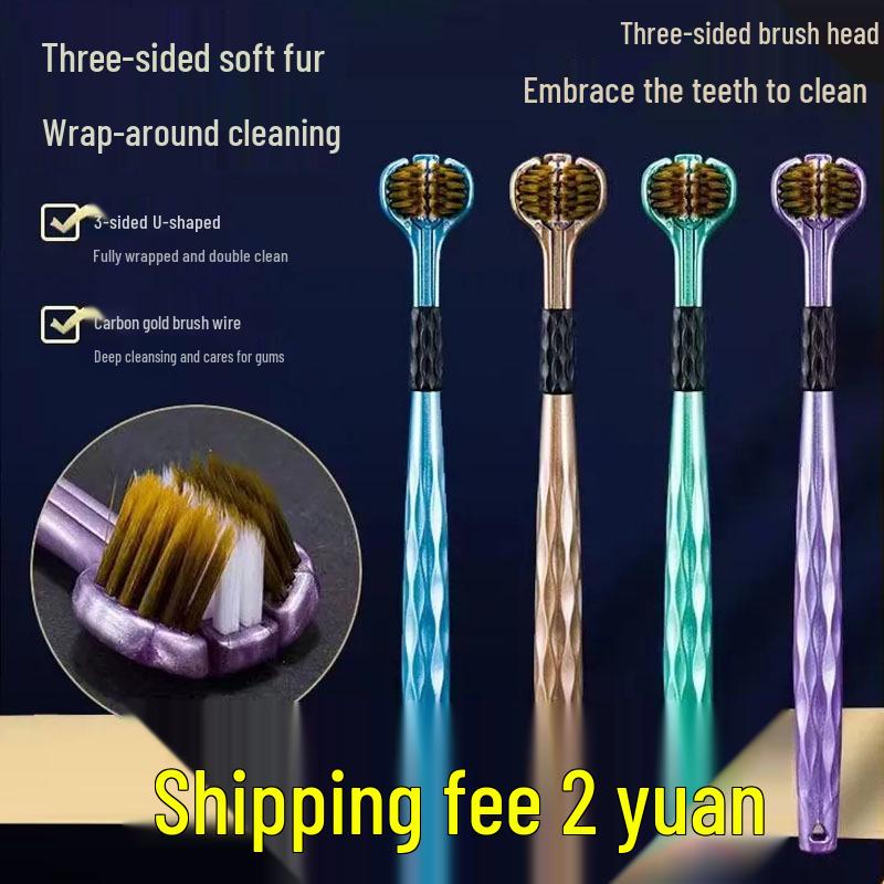 Three-Sided 3D Adult Toothbrush with Soft Bristles and Tongue Scraper