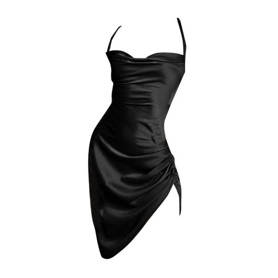 Vestito a Sottoveste con Spalline Sottili Schiena Scoperta Donna Monocolore Arricciato Bodycon Mini Abito in Raso per l'Estate