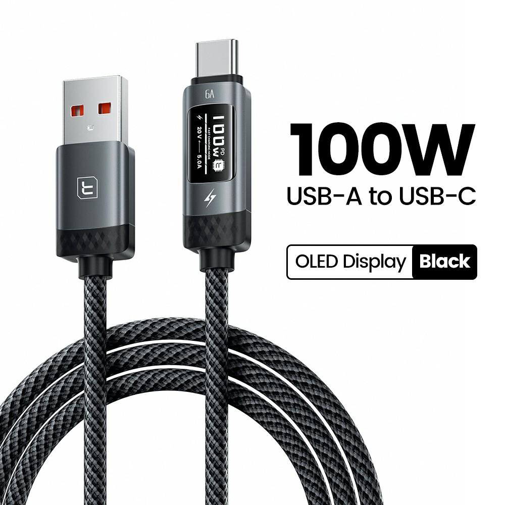 TOOCKI TX111A2 1m PD 100W USB-A To USB-C OLED Digital Display Data Cable Fast Charging Cable with E-Marker Chip for Laptop Phone