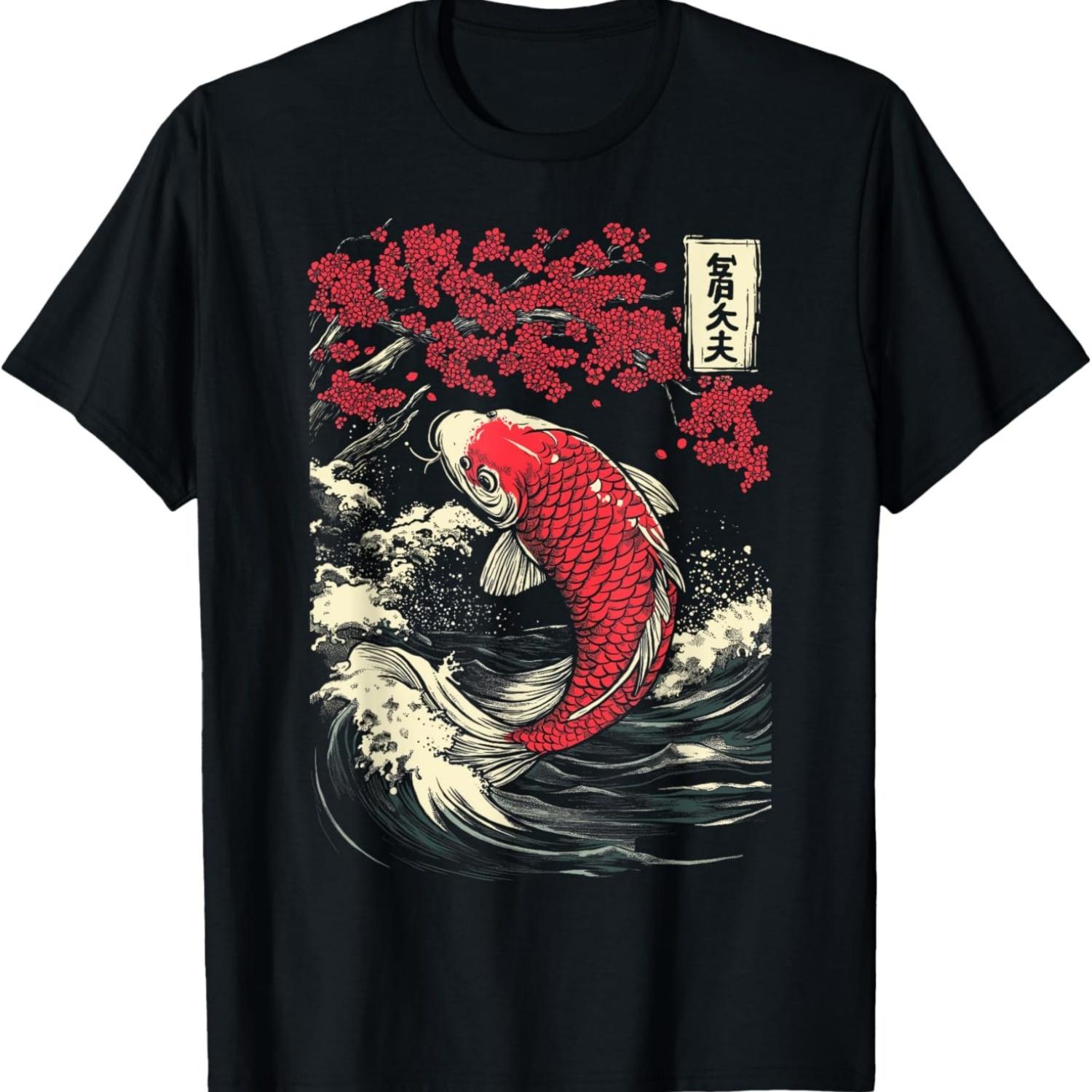 Koi Fish and Cherry Blossom Retro Art T-Shirt S чёрный