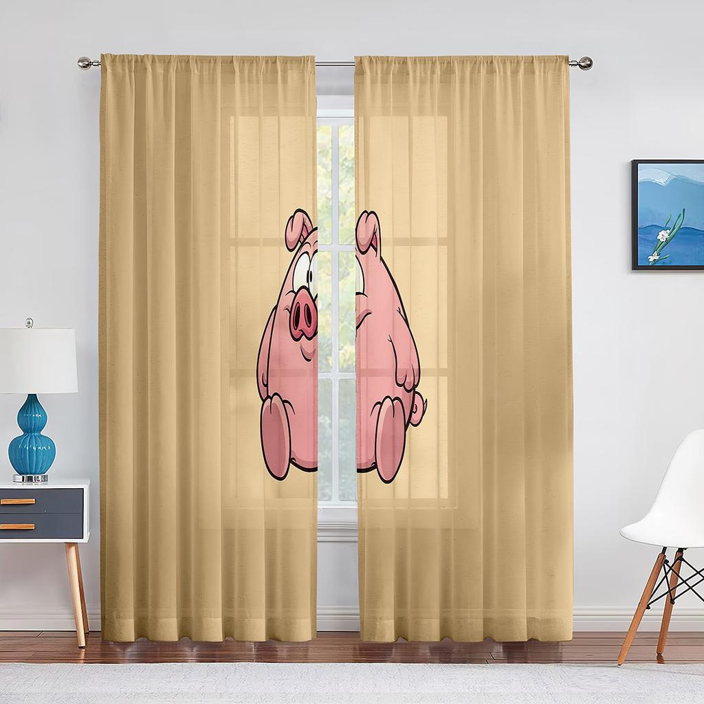 Funny Cartoon Singing Pig Wine Barrel Sheer Voile Curtains for Living Room Bedroom Tulle Curtains Kitchen Window Home Decoration