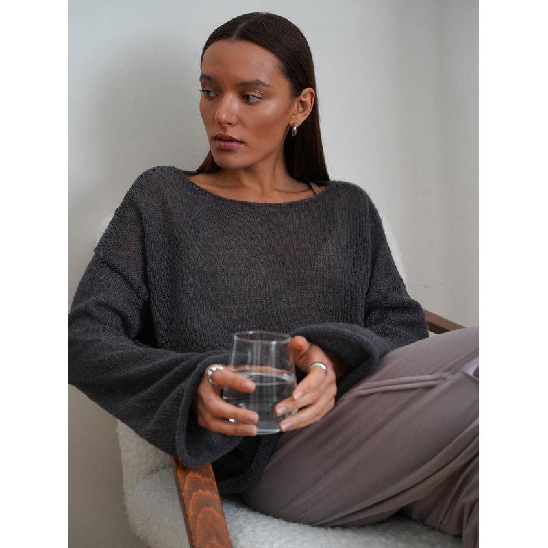 Tooxika Damen Neuer Durchsichtiger Dünner Rundhals Trompetenärmel Ajourstrickpullover