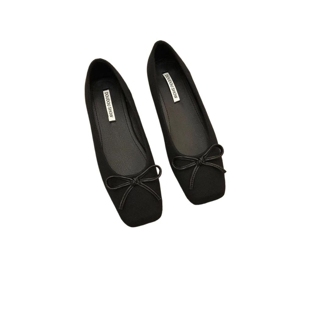 Flat Bottom Square Head Bow Doudou Single Shoes Women's Shoes 2025 New Spring, Autumn and Winter French Suede Gentle Evening Shoes