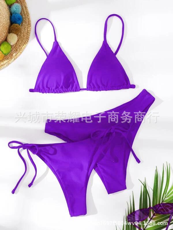 Bikini split swimsuit women s solid color sexy backless strap threepoint bikini threepiece swimsuit S фиолетовый