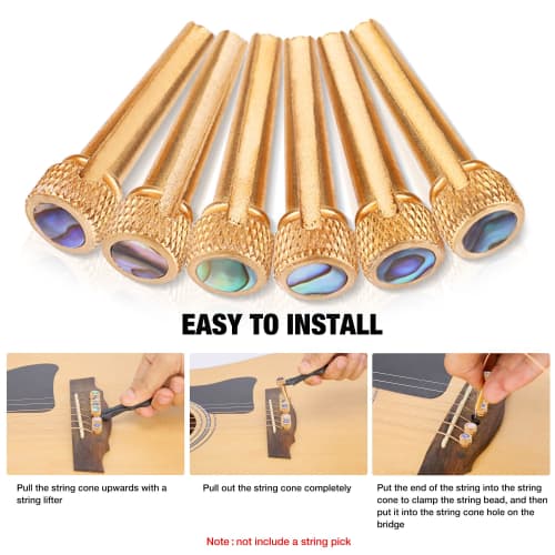 6-Piece Acoustic Guitar Bridge Pin Set, Includes Brass and Bone Bridge Pins and Abalone Pins for Acoustic Folk Guitar