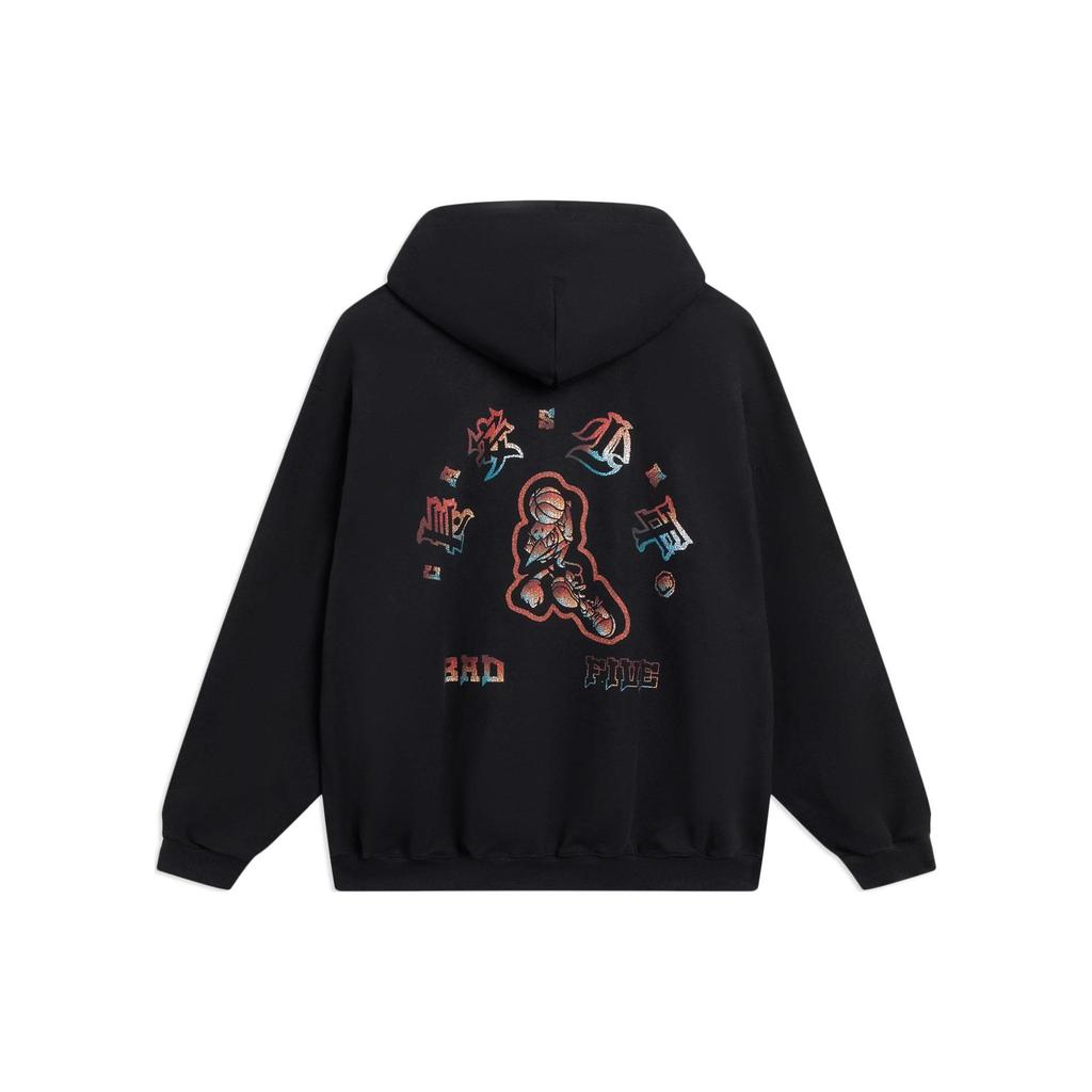 Li-Ning Badfive Series Floral Embroidery Drawstring Hoodie With Loose Long Sleeves Unisex Tops Black AWDSI45-2