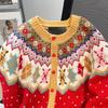 Christmas Style Women's Cardigan Red Single Breasted Round Neck Knitted Sweaters Striped Jacquard Autumn Woman Outerwear