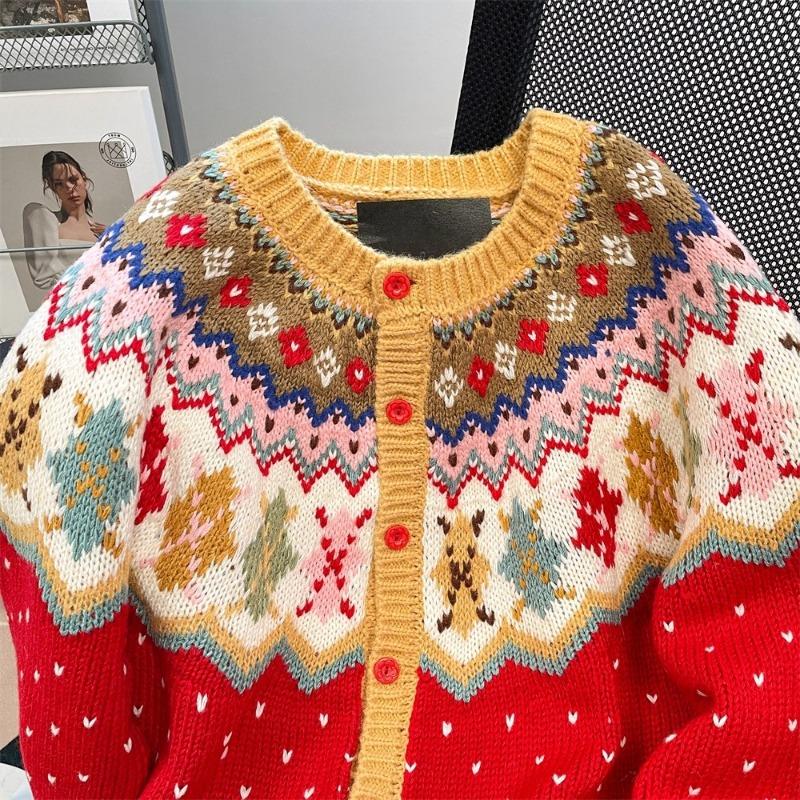 Christmas Style Women's Cardigan Red Single Breasted Round Neck Knitted Sweaters Striped Jacquard Autumn Woman Outerwear