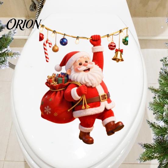 Decorative Glass Stickers for Christmas Cartoon Santa Claus Toilet Seat Sticker, Waterproof PVC & Colorful Wall Lights Decal, Removable Lid