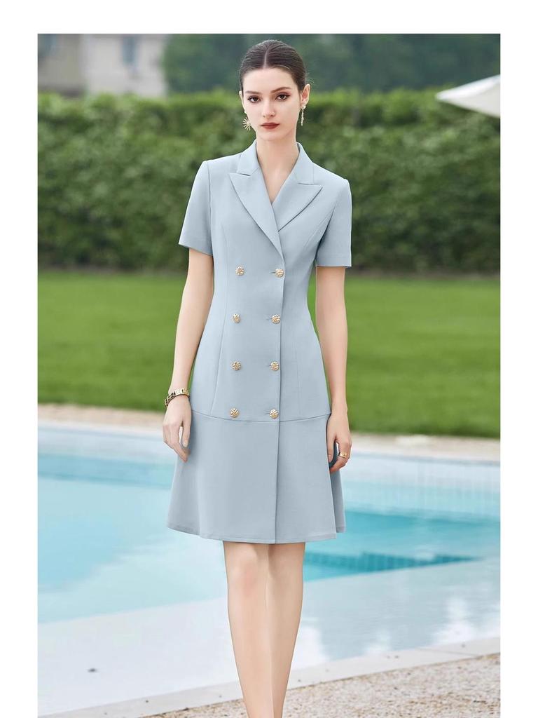 Chic Double-Breasted Slimming Summer Work Dress with Suit Collar and Short Sleeves