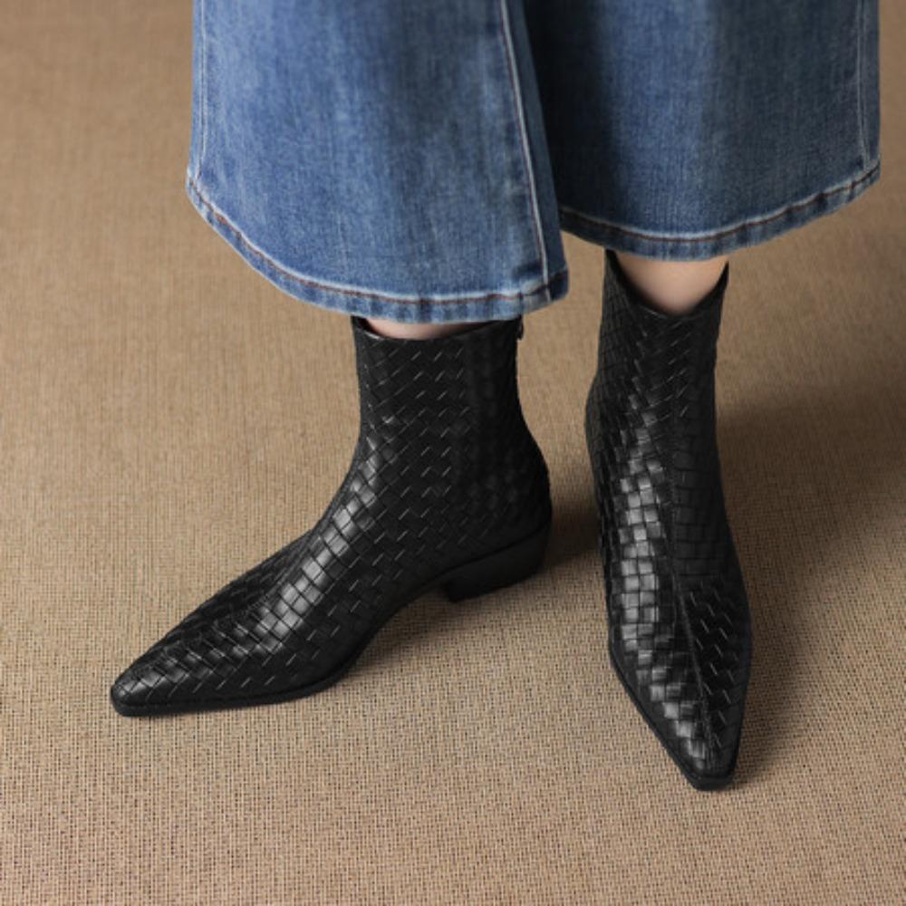 Handmade Cowhide Autumn And Winter Square Head Woven Loose Sleeve Wedge Ankle Boots Women'S Modern Boots Women High Heel