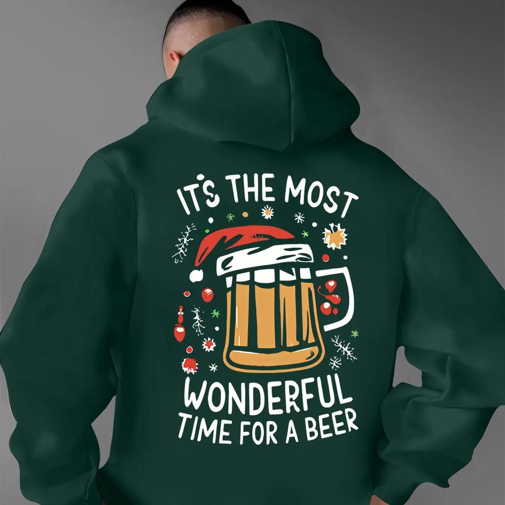 This Christmas-themed beer mug hoodie features a fun text design a casual fit and is unisex. A great holiday gift