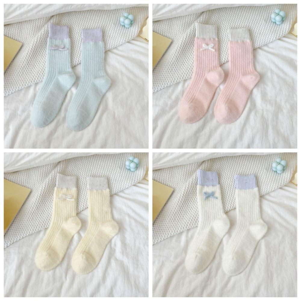 Soft Plush Sleep Socks Bowknot Warm Home Socks Simple Middle Tube Socks  Cold Weather
