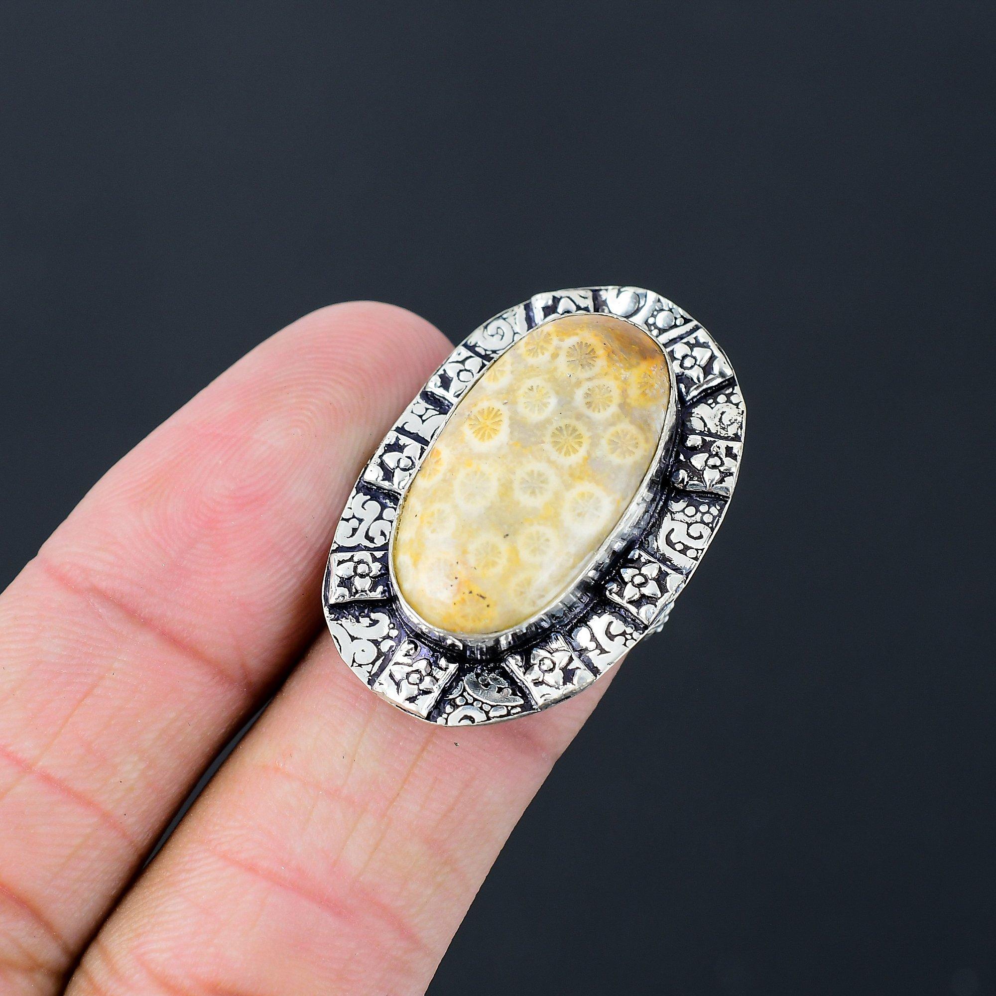 

Natural Fossil Coral Gemstone Stackable Ring Size 6.5 925 Sterling Silver 6.5