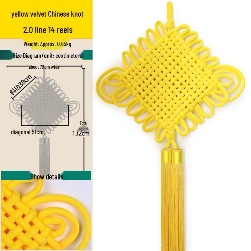 Handmade Yellow Tassel Chinese Knot Pendant for New Year: Fu Character Hanging Ornament for Entrance or Living Room, Available in Large and Small.