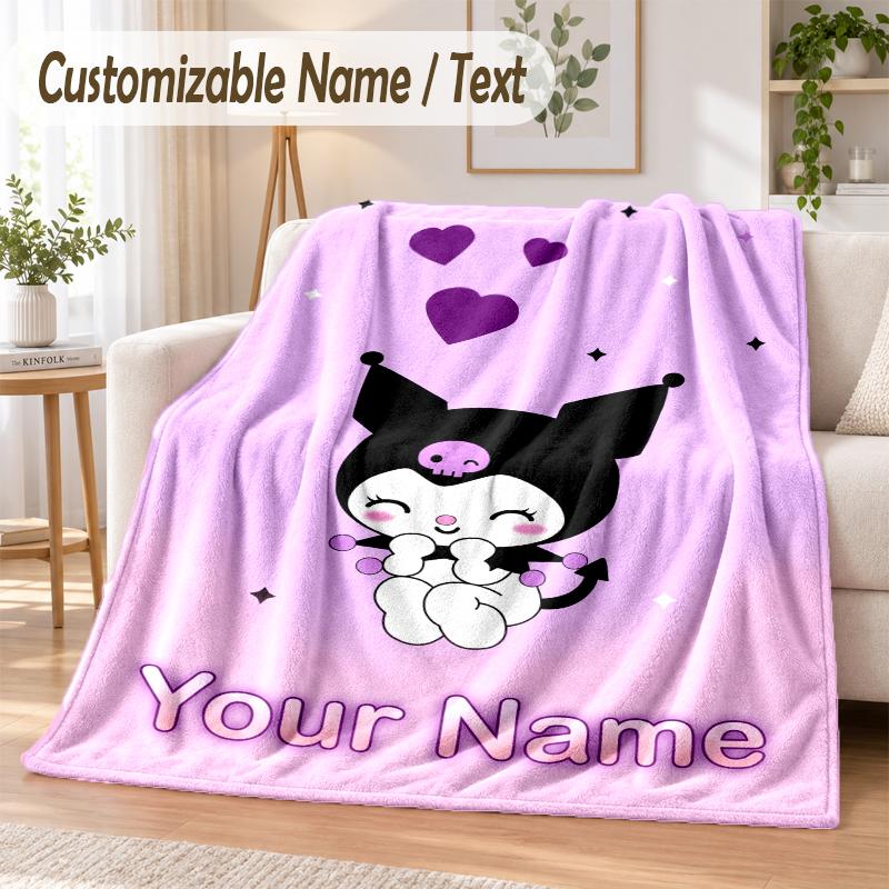 Kuromi Custom Name Flannel Throw Blanket Soft Warm for Sofa Bed Indoor Home Use
