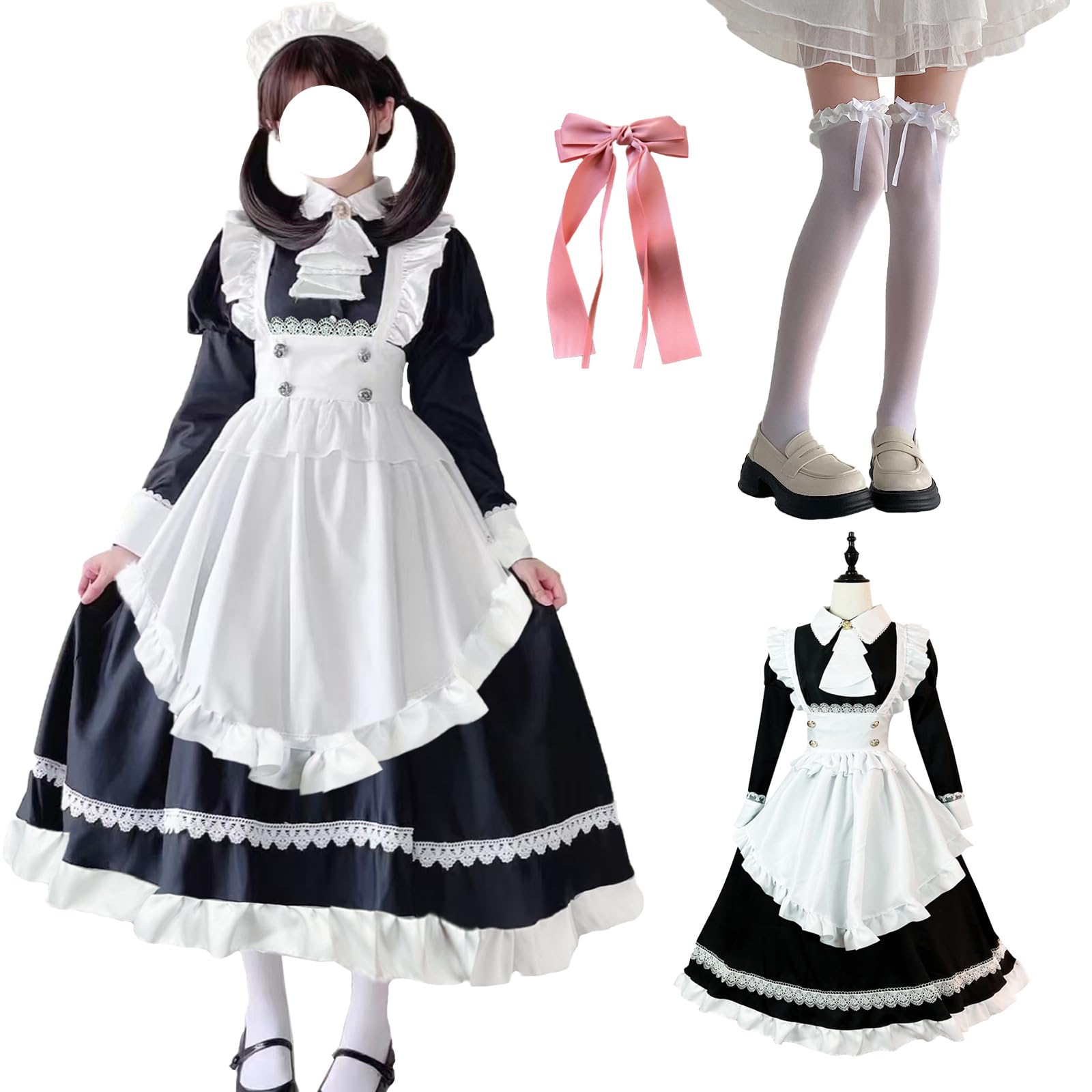 

Sivrusn Maid Long Full Set with British Cute Costume for Moe Maid Halloween Size XL Costume, Length, Tights, Style, Women, Outfit, Dress, Apron,