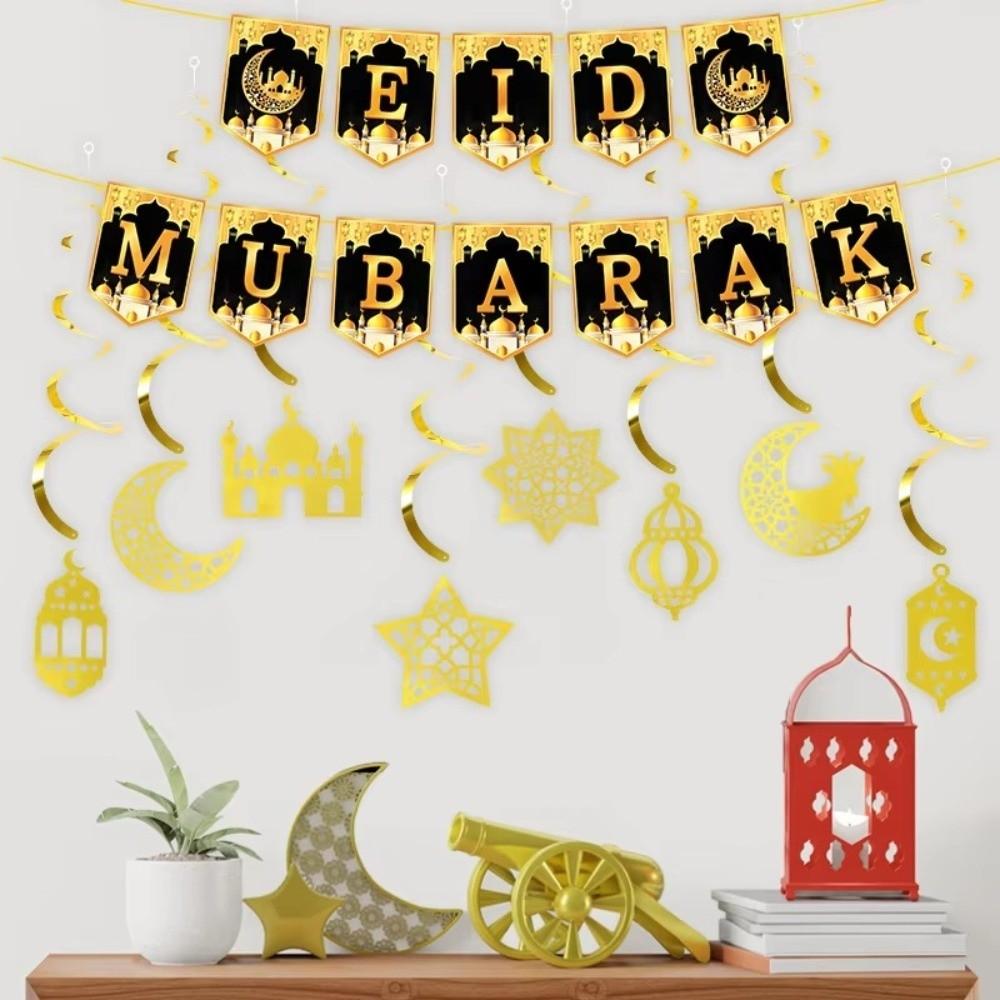 A Set Gold Black Ramadan Decorations Traditional Elegant Design Islamic Ornaments Crescent Moon Party Hanging Supplies