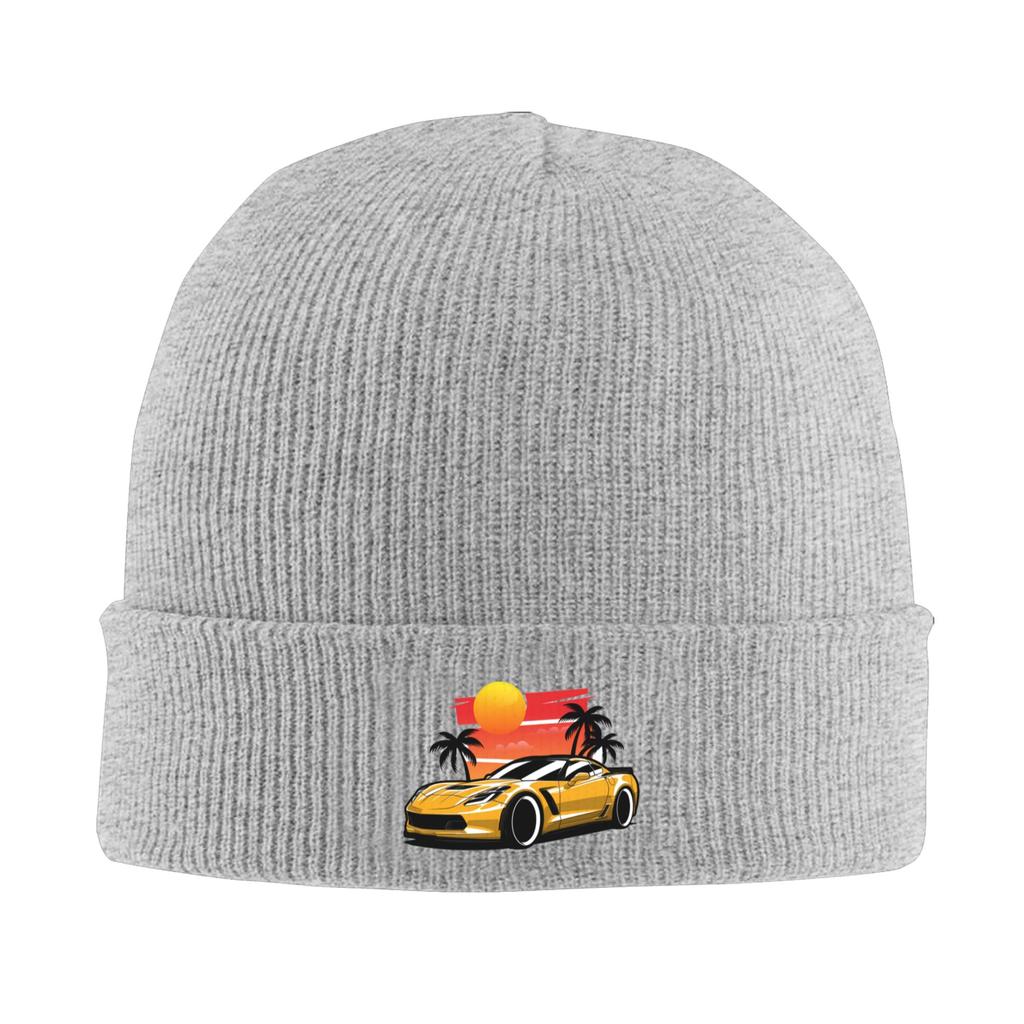 Yellow Corvette Z06 Sunset Palms Winter Skullies Beanies Hat Warm Autumn Knitted Hats Bonnet Caps for Women Men