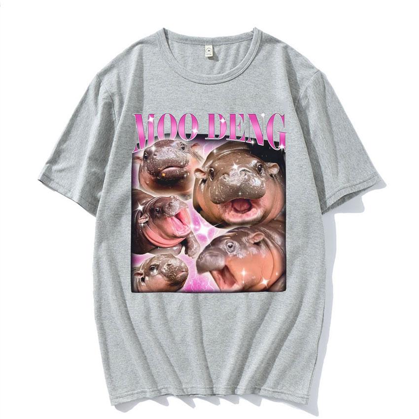 Cute Moo Deng Baby Hippo Funny Meme T Shirts Men Women Casual Cotton Short Sleeve Tshirt Vintage Hip Hop Streetwear Tshirt Tops