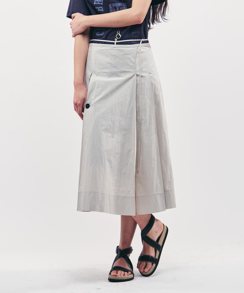 City Breeze Cotton Pleated Belted Long Skirt_Light Grey