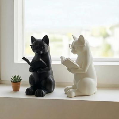 Figurina di Gatto Lettore Stampata in 3D, Statuetta di Gatto Carino che Legge un Libro con Occhiali, Scultura di Animale da Collezione per Libreria, Decorazione da Scrivania, Regalo per Gatto