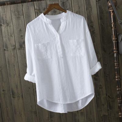 Camisa de algodão branca feminina tops mujer escritório manga longa novo coreano solto casual vertical decote em v camisas top blusas de mujer