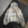 Mens Oversized Hoodie With Distressed Graphic Print Layered Look Drawstring Hood Cotton Blend Fall Streetwear