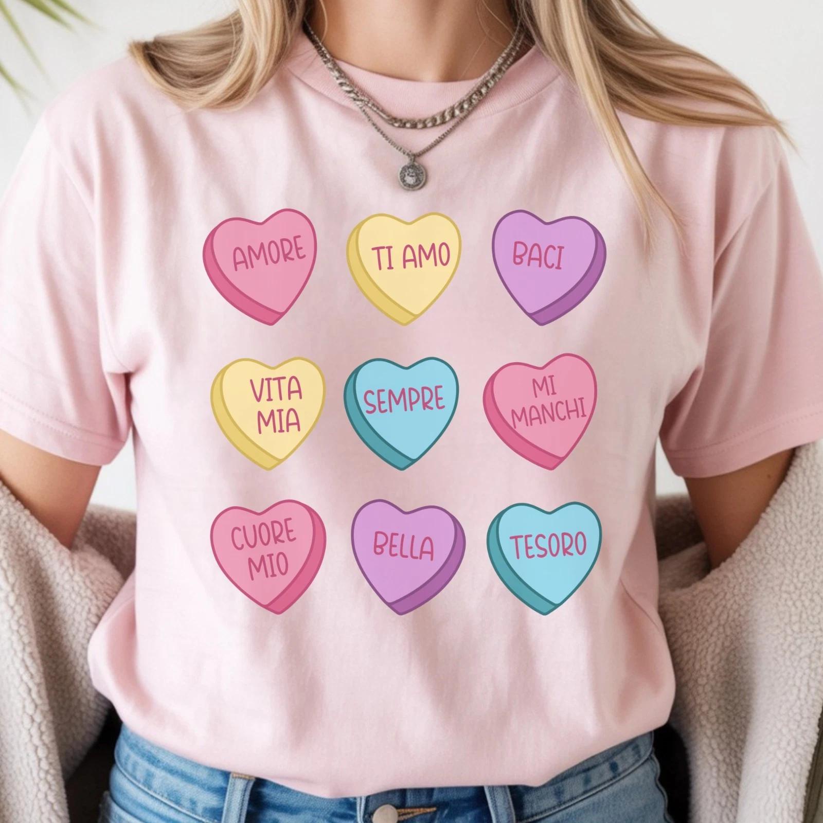 Italian Valentine Candy Hearts T-Shirt, Amore Ti Amo Pastel Tee for Italians 2XL