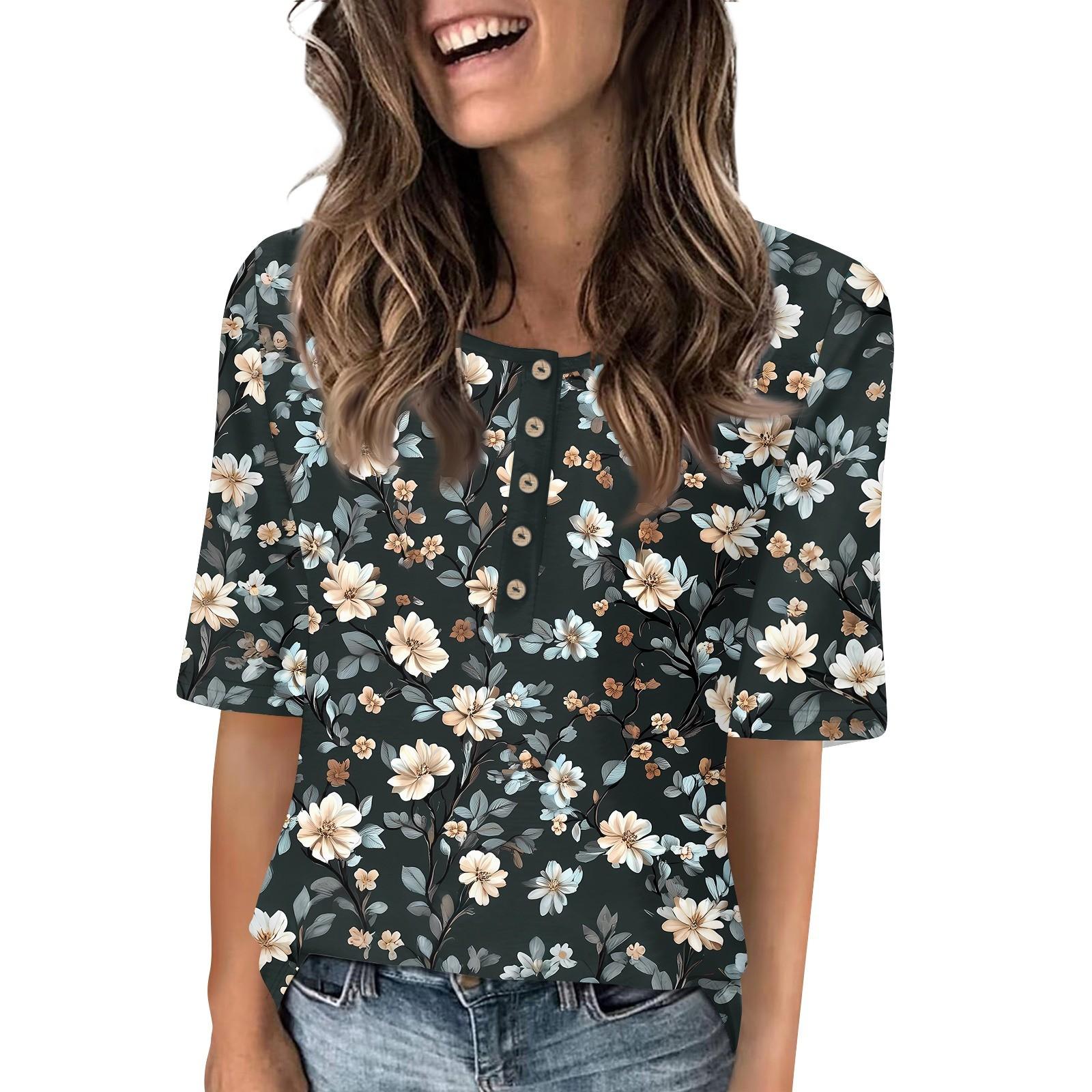 

Рубашки для женщин, модные футболки с круглым вырезом и пуговицами, блузки с принтом, топы с коротким рукавом для женщин XL чёрный