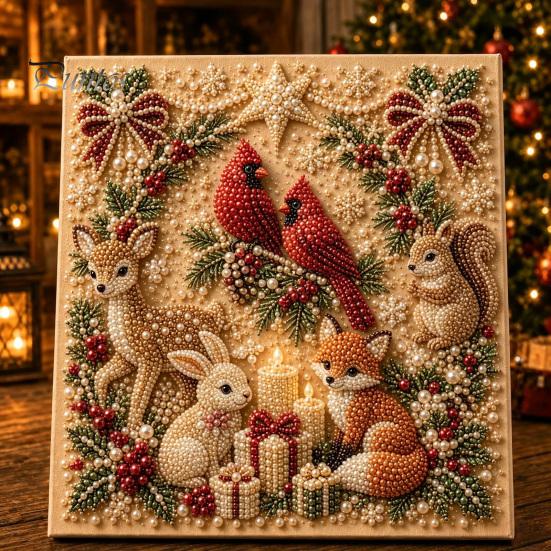 Artistic Faux Pearl Bead Mosaic Christmas Art Kit, 20x20cm Xmas Painting DIY Decorative Gemstone Wall Sparkling 3D Diamond Craft Kit for Adults,