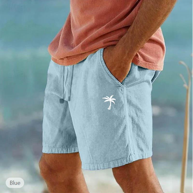 Cross-border New Coconut Printed Linen Shorts Drawstring Elastic Waist Solid Color Breathable Beach Five-point Casual Pants