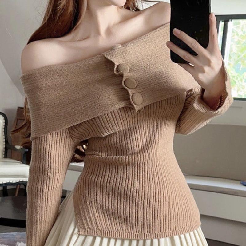 

Милый свитер Y2k с открытыми плечами, женский трикотажный тонкий элегантный топ с пуговицами и косой горловиной, эстетика 2000-х годов, корейская мода, повседневные пуловеры S хаки