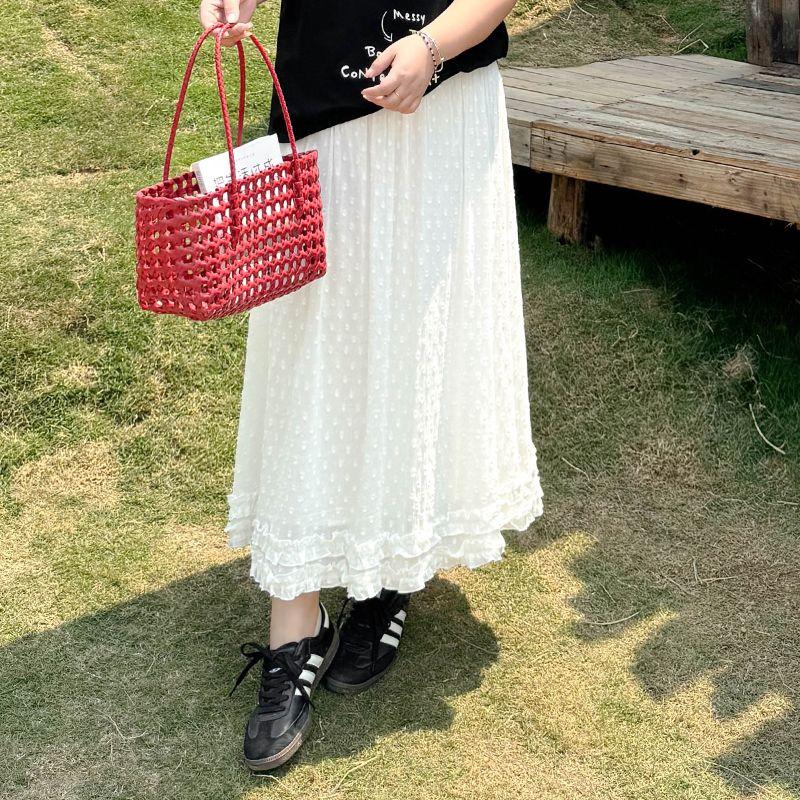 

Plus Size Women s Clothing White Lace Skirt Summer Belly Covering High Waist Polka-Dot Lace Skirt Cheese White 4XL