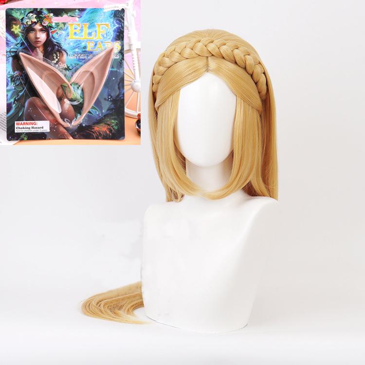 2pcs Sets Anime Wig Princess Golden Braid Wigs Long Heat Resistant Synthetic Hair Cosplay Wigs +Elf Ears