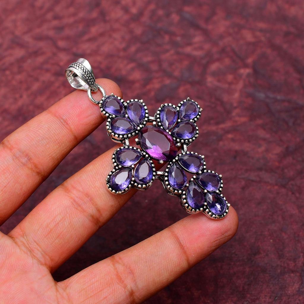 Awesome Amethyst Cross Shape Gemstone Pendant: 925 Sterling Silver Handmade Pendant Necklace Jewelry