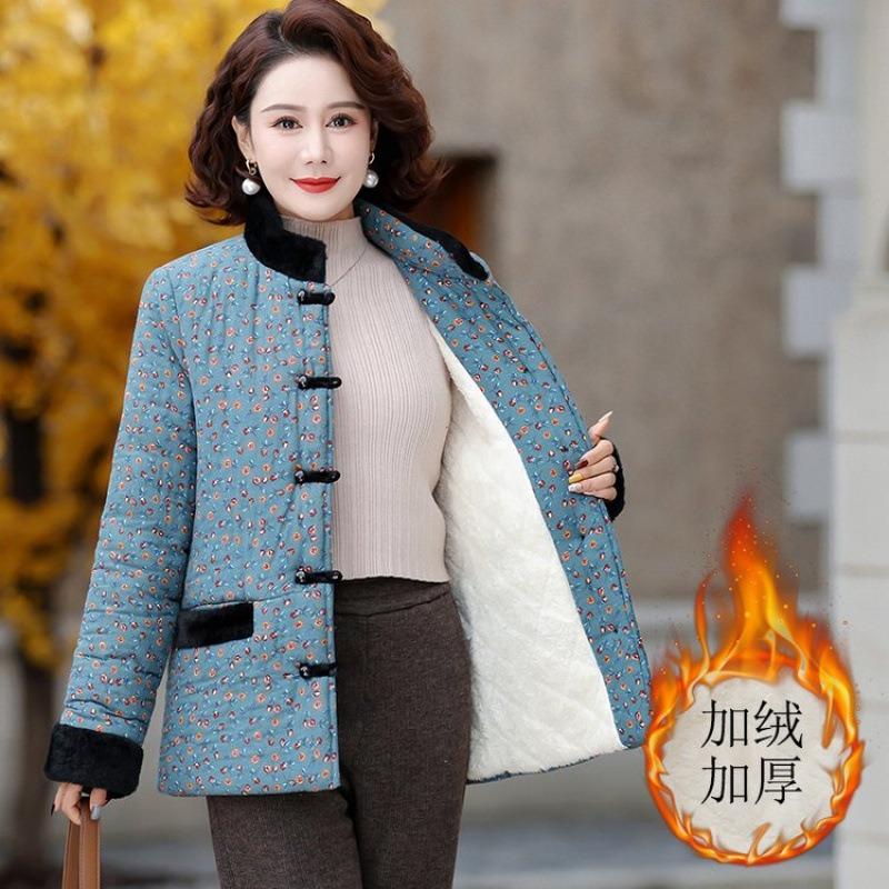 Floral winter padded jacket, new padded jacket to keep warm, Chinese thickened padded jacket, disc buckle and fleece jacket for women