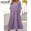 QICED Women's Loose Fit Midi Dress Double Pockets Button Decoration Round Neck Short Sleeve Summer Boho Workwear Dress