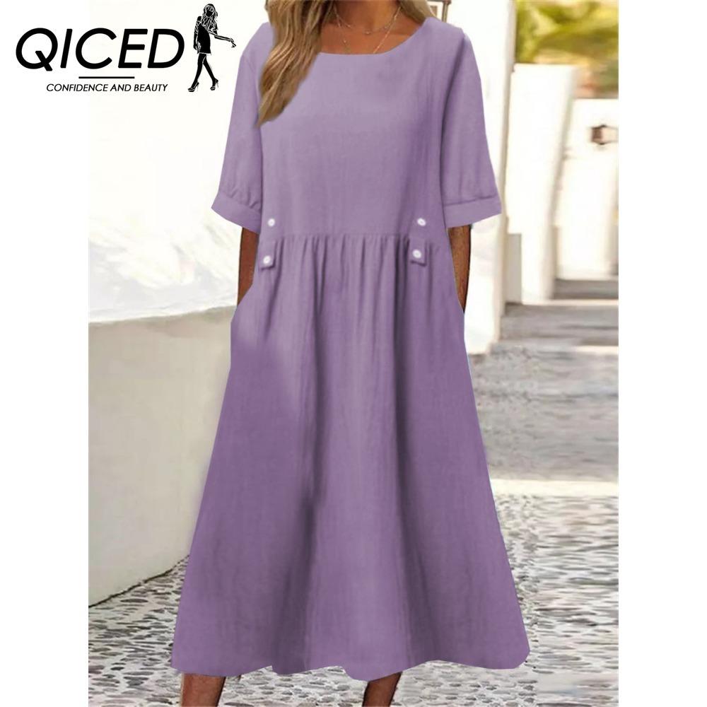 QICED Løstsittende midikjole for kvinner, doble lommer, knappedekorasjon, rund hals, kort erm, sommer boho arbeidskjole