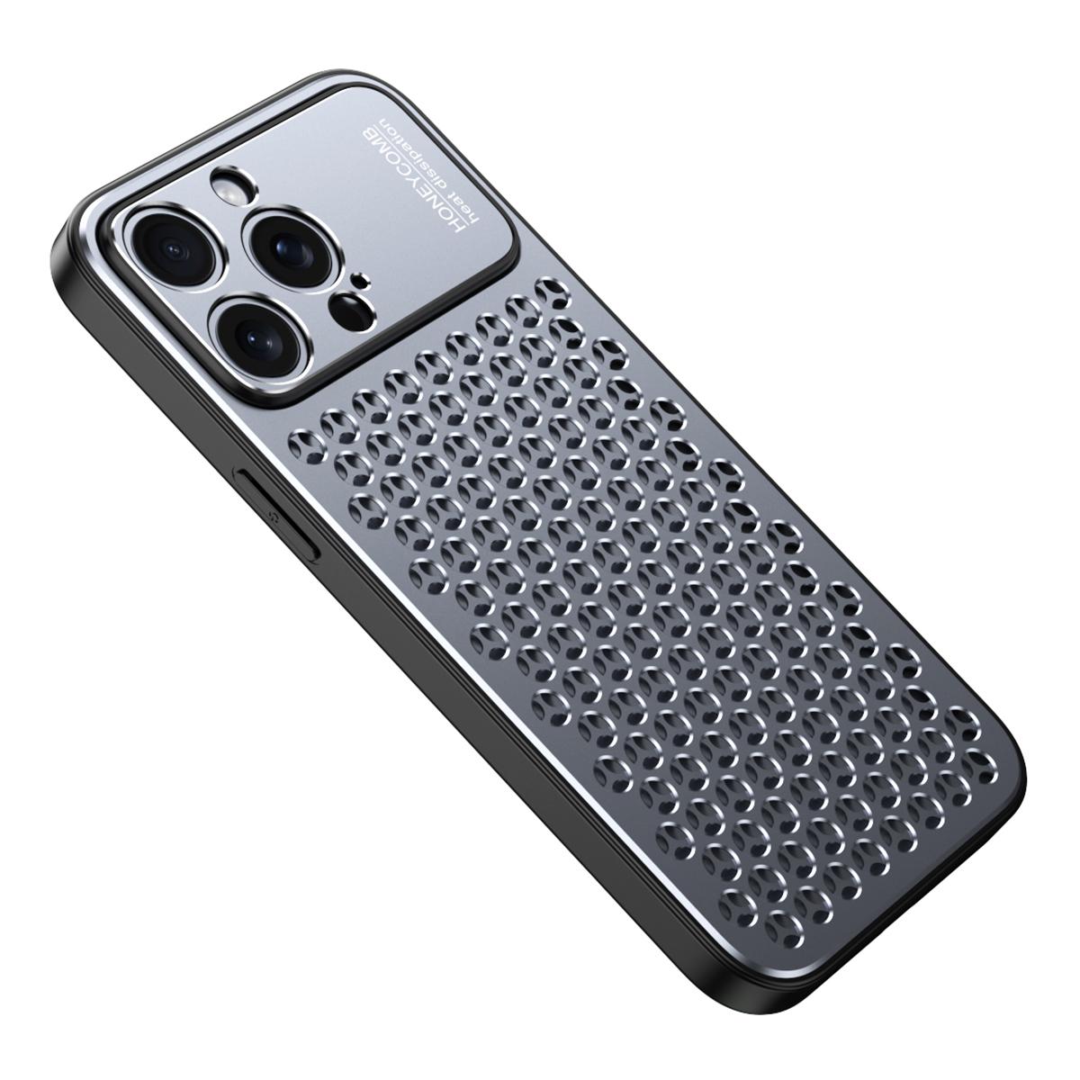 

For iPhone 15 Pro Max Case Aluminum Alloy+TPU Honeycomb Heat Dissipation Phone Cover Grey