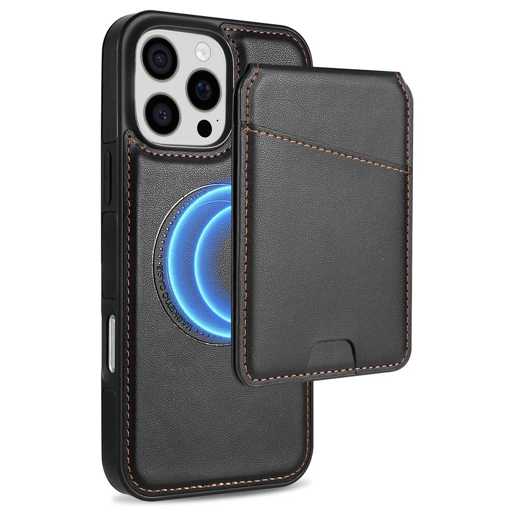 For iPhone 16 Pro Max Case Compatible with MagSafe Detachable Card Holder Kickstand Leather Phone Back Cover