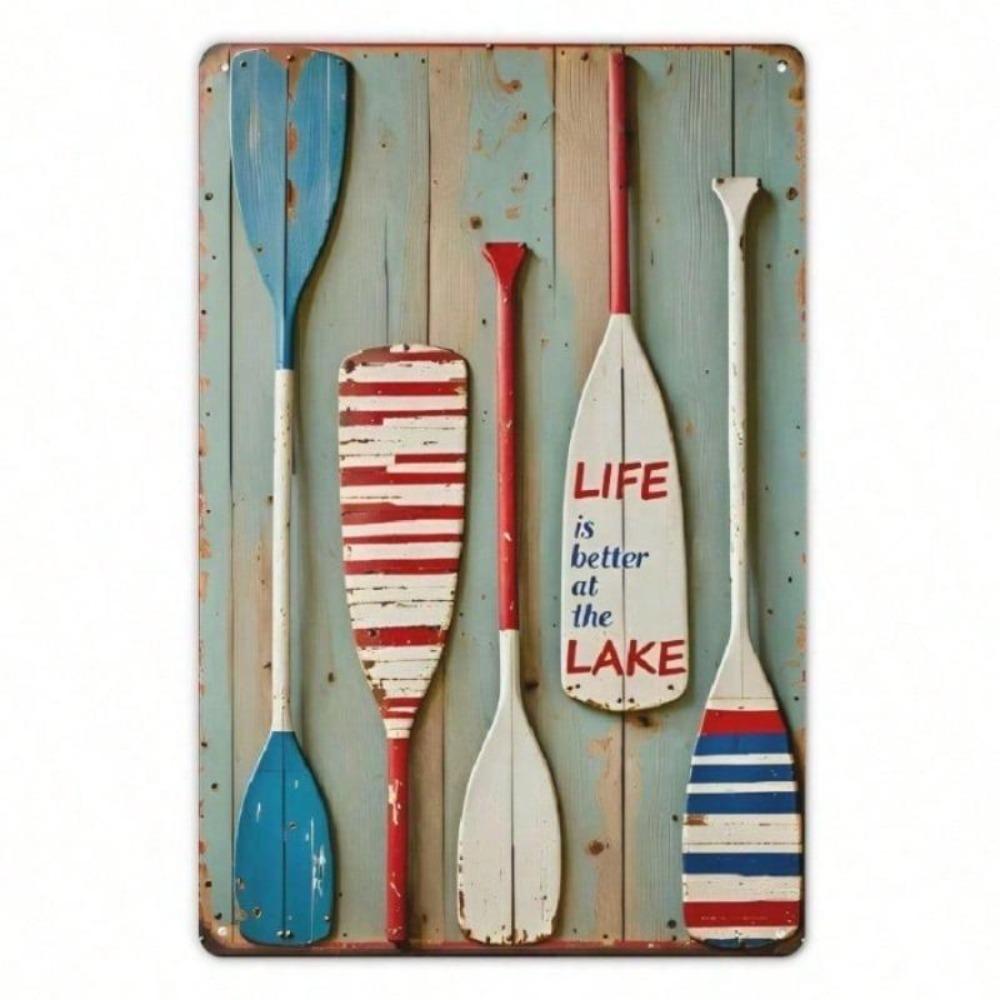 Rustic Lake Metal Wall Art Vintage Sign Paddle Design 12x8 Inches Cabin Decor