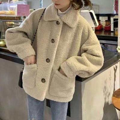 Lady Winter Coat Turn-down Collar with Pockets Thick Fleece Single-breasted Loose Solid Color Long Sleeves Daily Outdoor Jacket