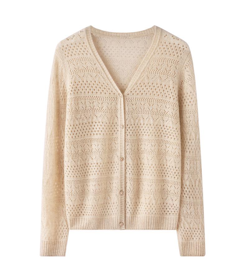 Elegant Women's Cashmere V-neck Cardigan with Hollow Out Design for Autumn/Winter