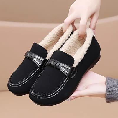 Damen Winter Schlupf-Fleecegefütterte Bean Boots mit Schleifendetail & Strassakzenten - Rutschfeste Weiche PU-Sohle, Bequeme Runde Zehenpartie
