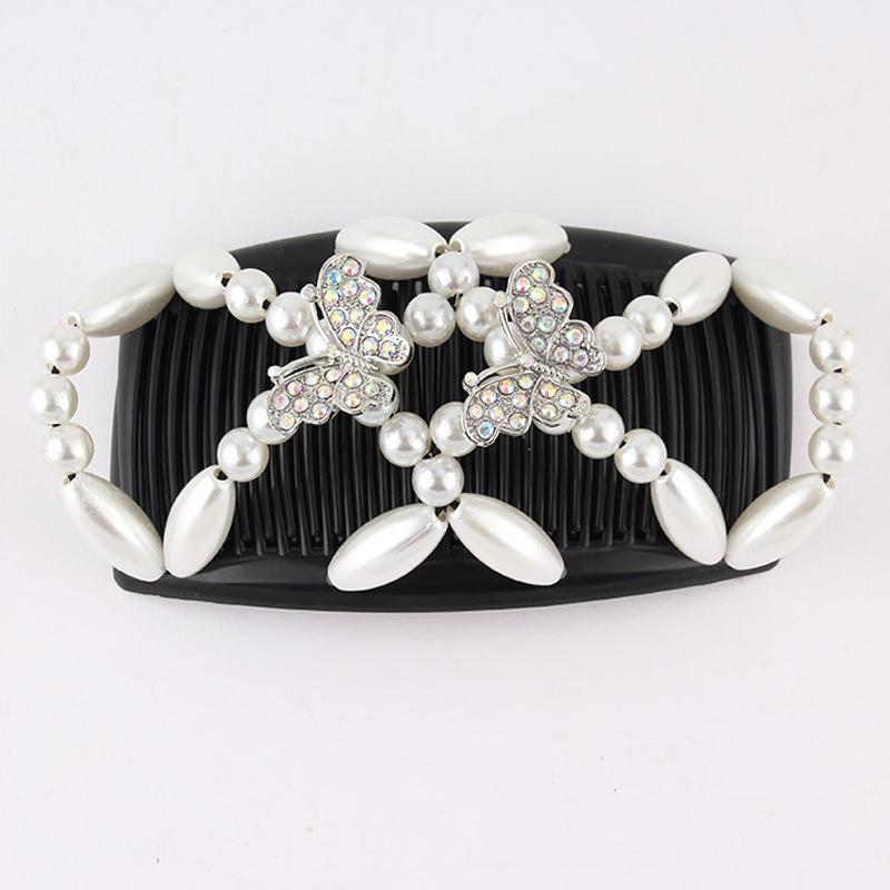 Women DIY Hair Accessories Pearl Beaded Elastic Hair Claw Hairpin Magic Comb Up-Do Hairstyle Bun Maker Tool Ponytail Hairdo Wolf