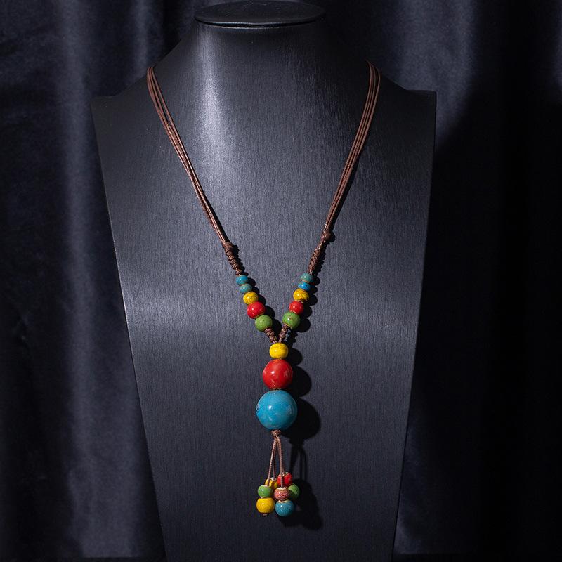 Jingdezhen Ceramic Non-Fading Necklace Ethnic Style Sweater Chain Antique Woven Rope Long Neck Chain