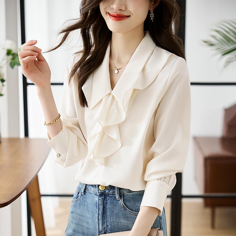 Damen Blusen Hemden 2025 Frühling Langarm Damen Bluse Hemd Umlegekragen Rüschen Chiffon Bluse Hemd Damen Oberteile J830