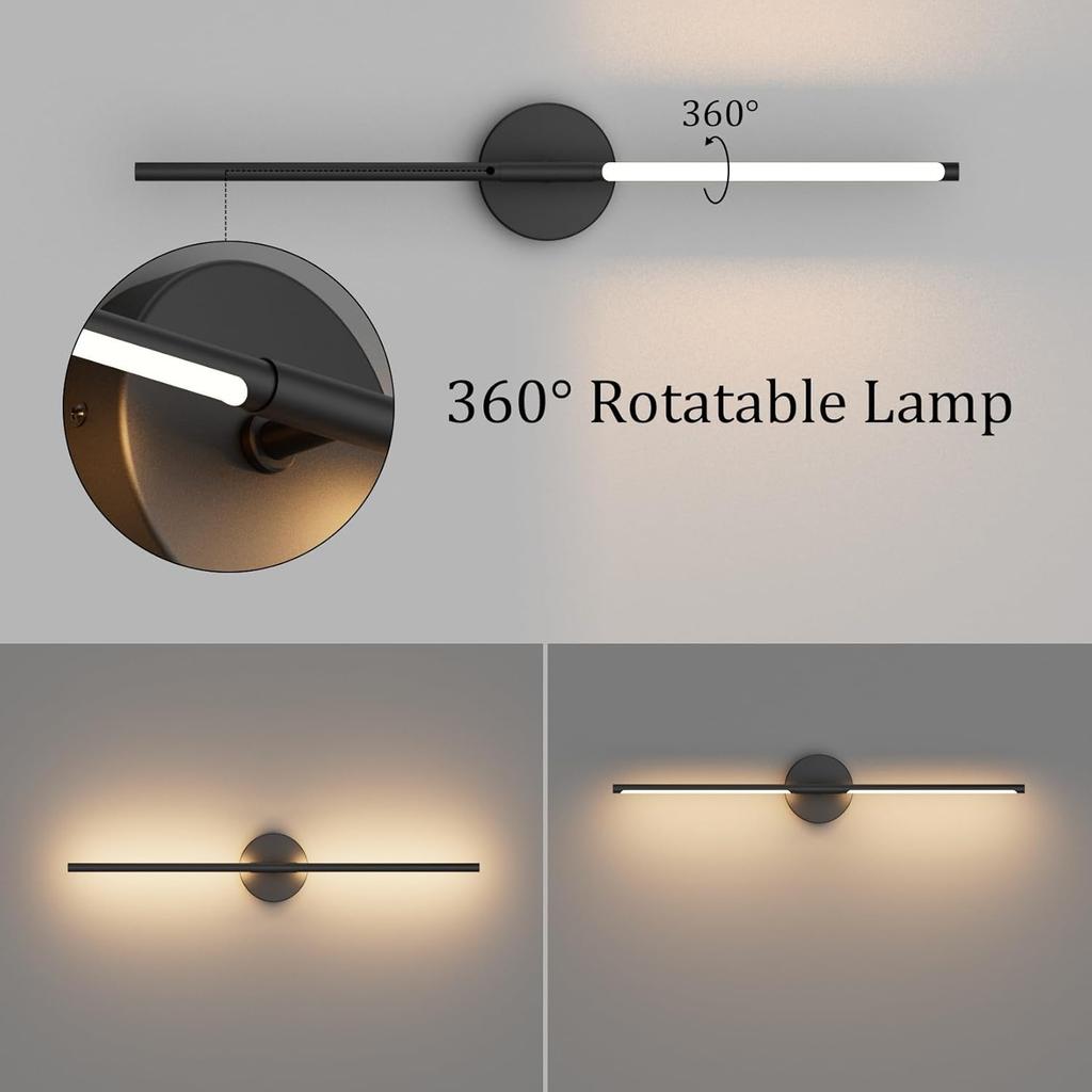 Black Wall Sconce for Bathroom 28In Vanity Light Fixture 3000K Indoor Bathroom Sconce Over Mirror 360° Rotate for Living Room