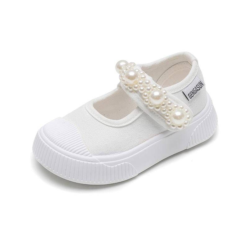 Baby Children Casual Canvas Shoes Girls Soft-Soled Non-Slip Sneakers Breathable Solid Color Imitation Pearl Kids Shoes